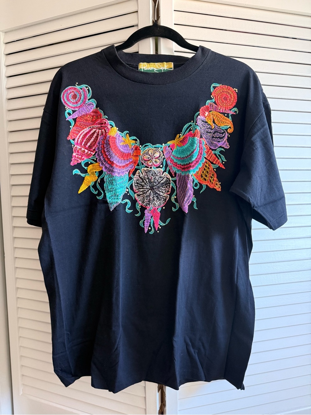 Vintage 80s 90s Panama Jack Exotic Sea Life Shells Black T Shirt